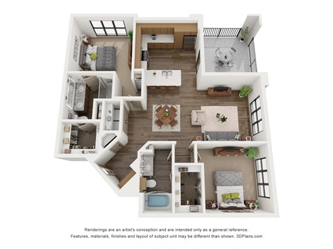 Floor plan for 2 beds, 2 baths, 1217 sqft